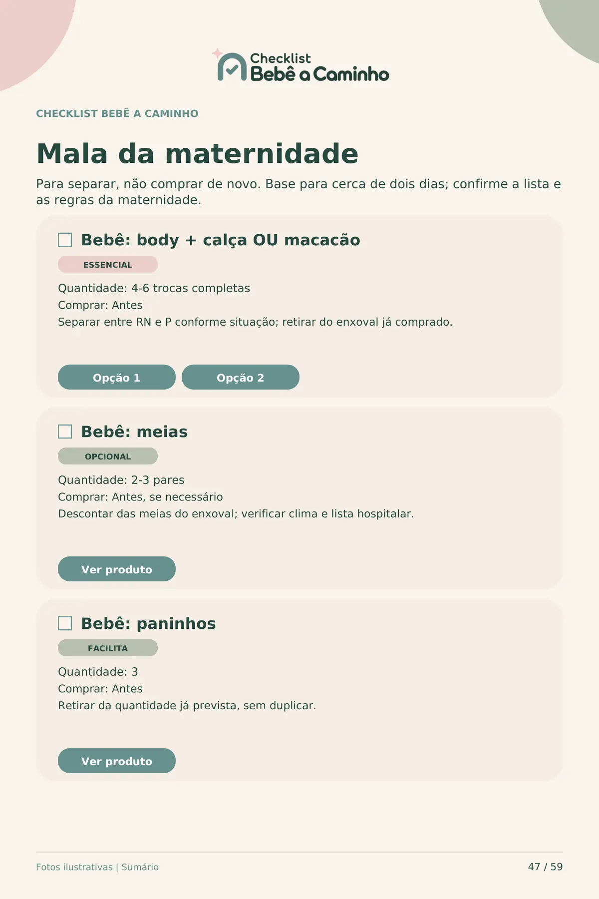 Página real do PDF para separar as trocas, meias e paninhos da mala do bebê